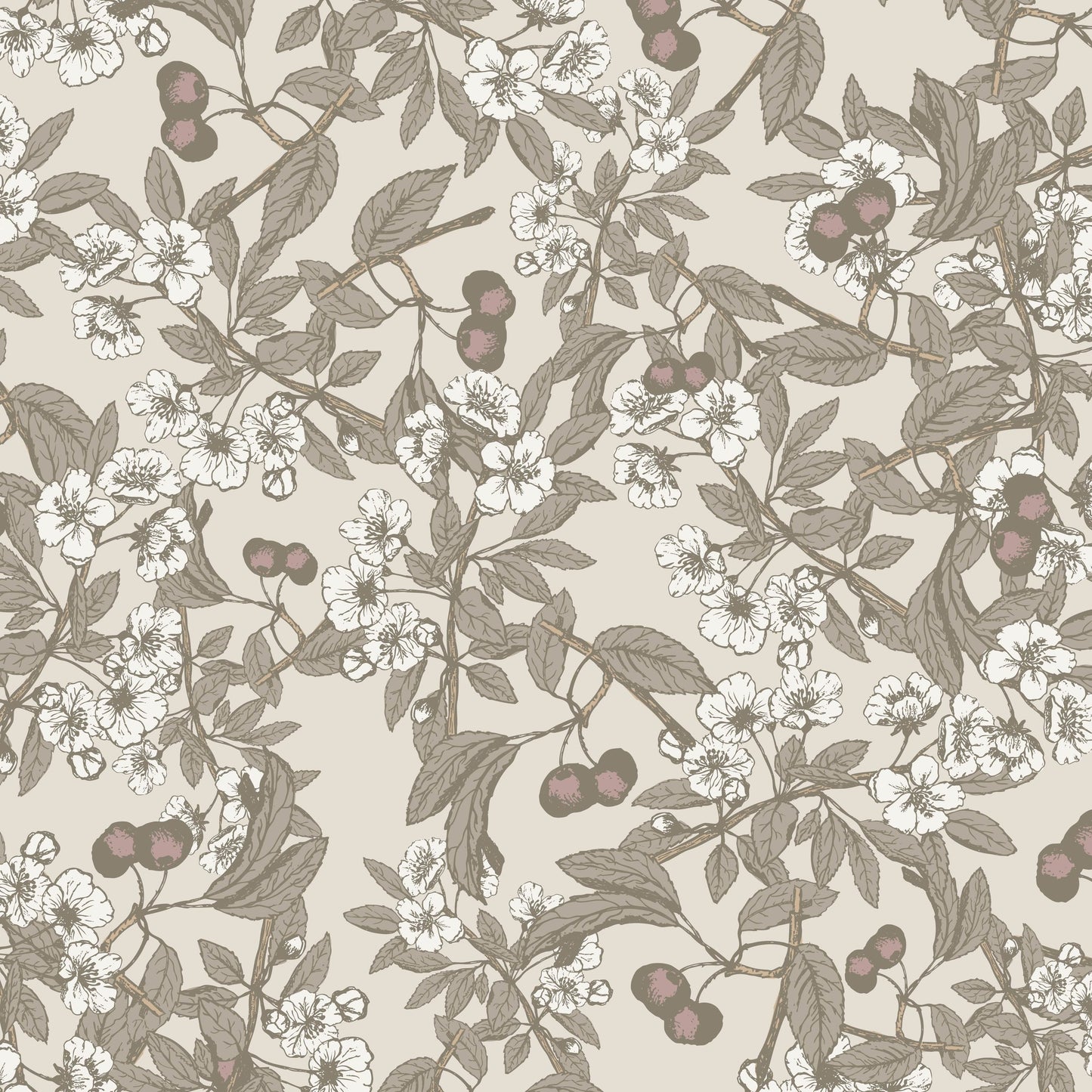 Cream wallpaper with cherry blossom and foliage pattern in taupe and pink.