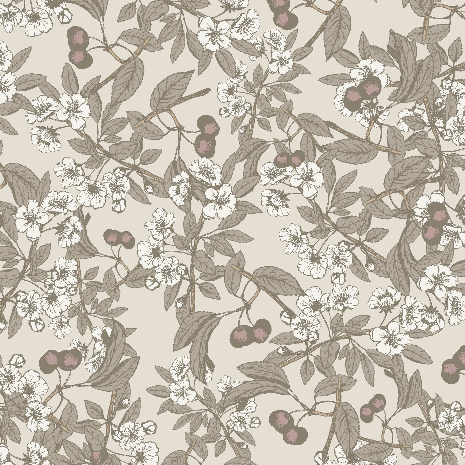 Cream wallpaper with cherry blossom and foliage pattern in taupe and pink.