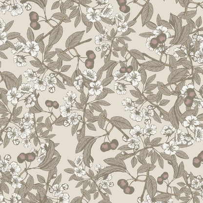 Cream wallpaper with cherry blossom and foliage pattern in taupe and pink.
