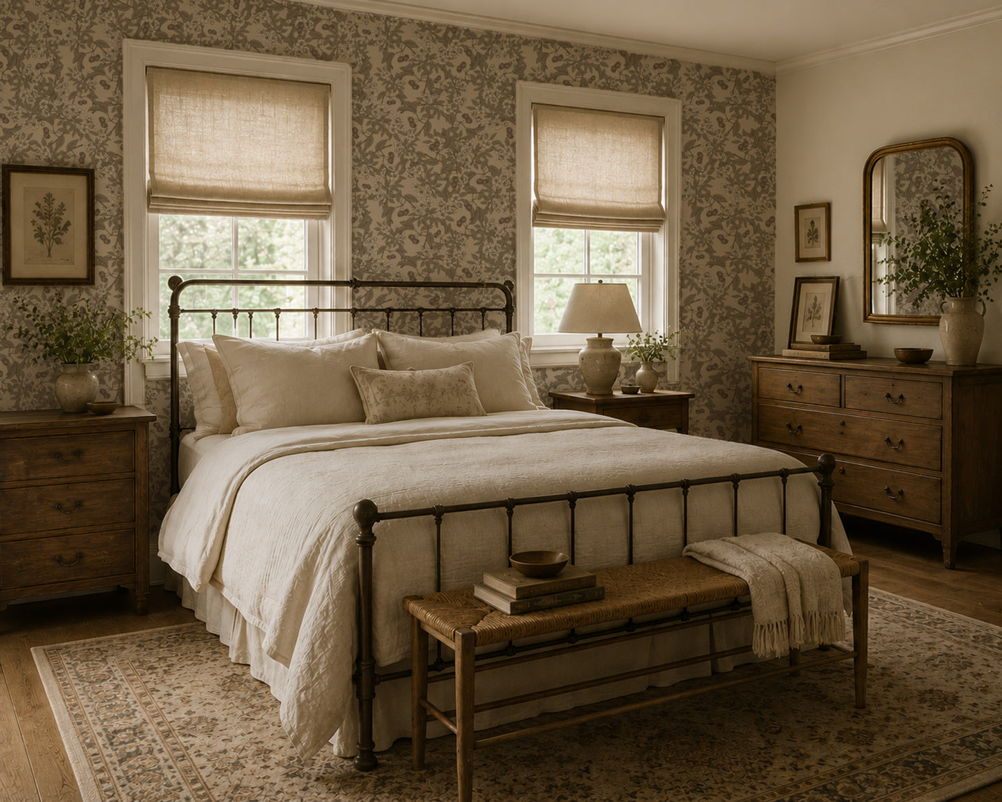 Cream cherry blossom wallpaper in vintage bedroom with wooden furniture.