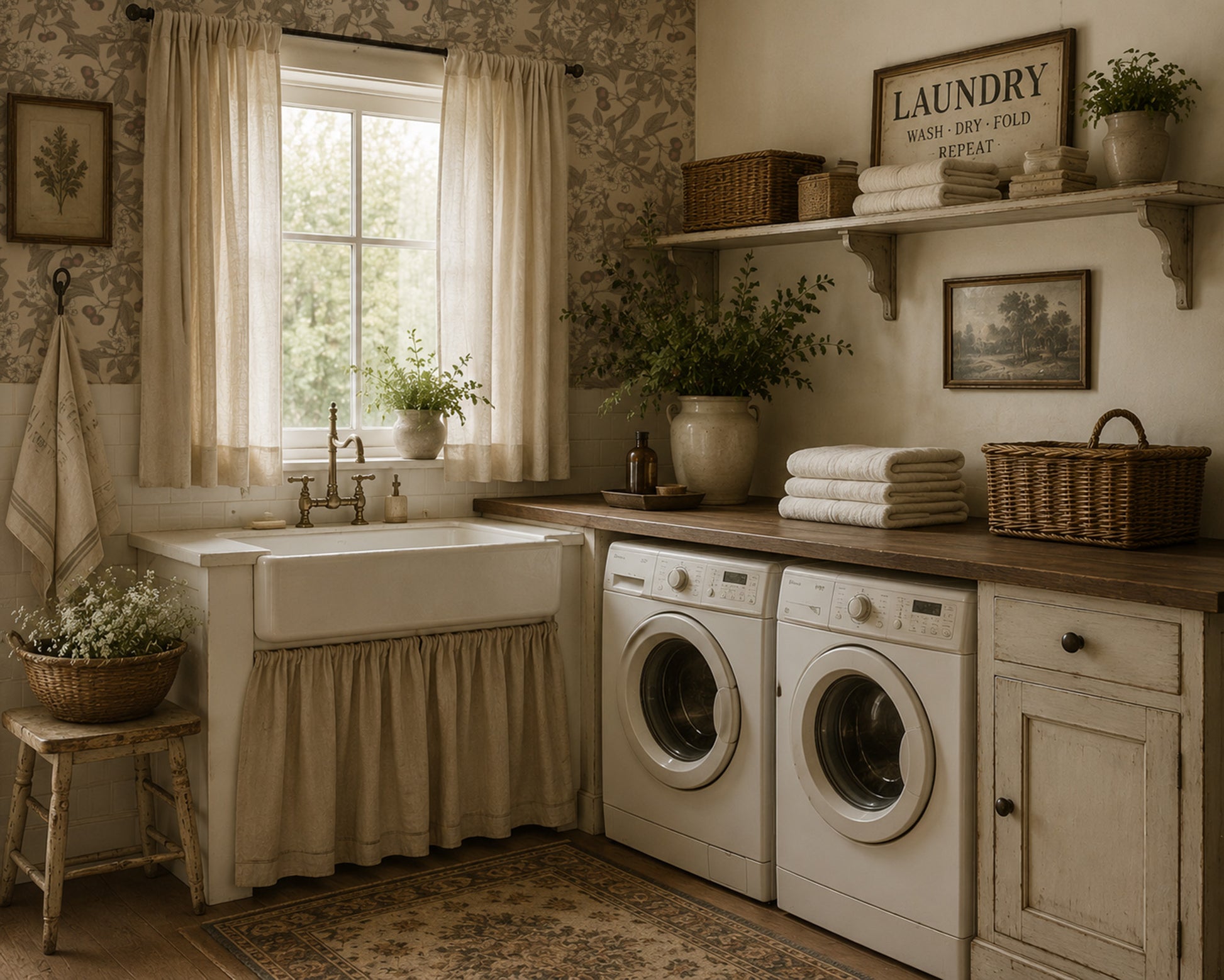 Cream cherry blossom wallpaper in vintage laundry room with farmhouse decor.