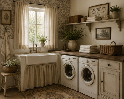 Cream cherry blossom wallpaper in vintage laundry room with farmhouse decor.