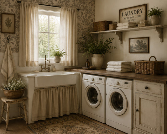 Cream cherry blossom wallpaper in vintage laundry room with farmhouse decor.