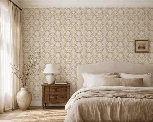 Elegant cream damask wallpaper in cozy bedroom with beige decor.