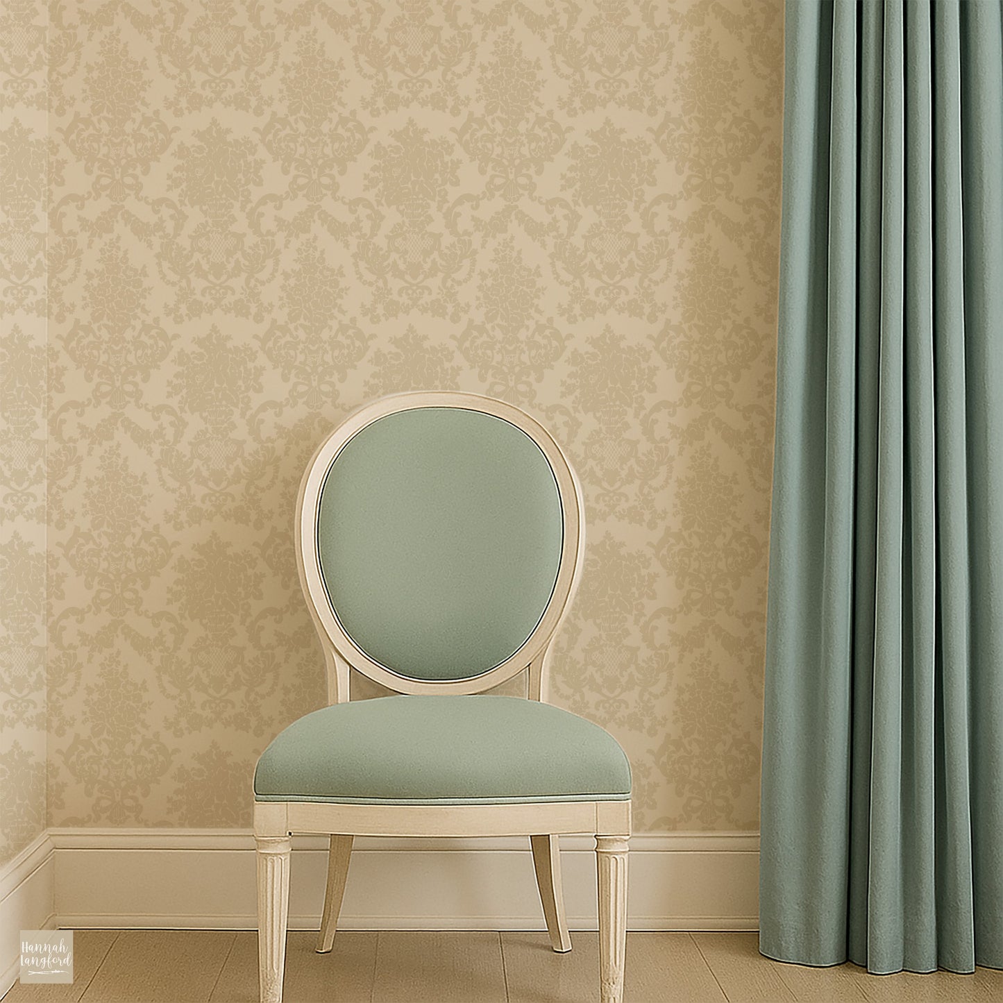 Cream damask wallpaper in elegant room with blue chair and curtain.