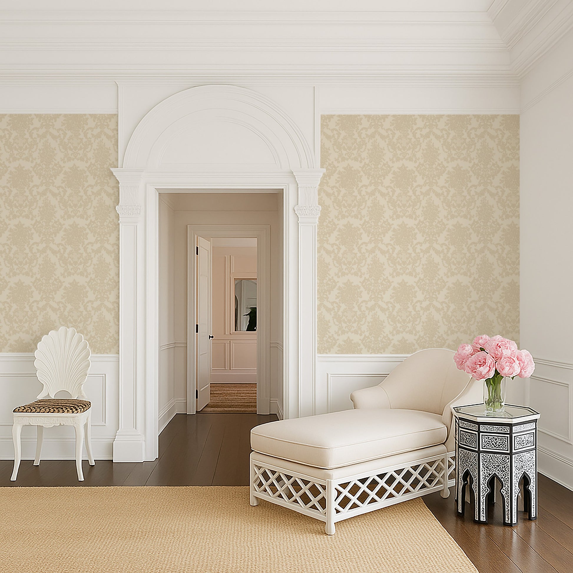 Cream damask wallpaper in elegant room with chaise lounge and floral decor.