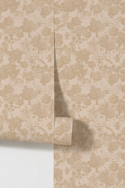 Cream jungle toile wallpaper with sepia tones featuring tigers, deer, and trees.