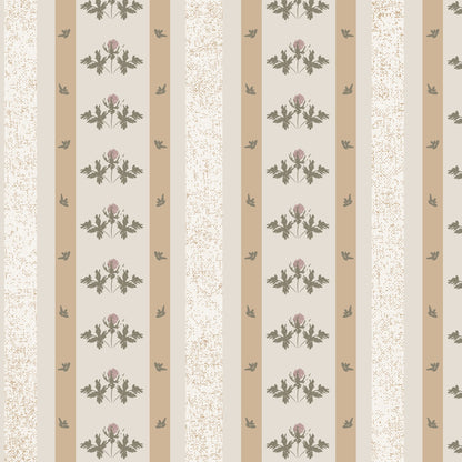 Cream and mustard floral stripe wallpaper with sweet pea blossoms.