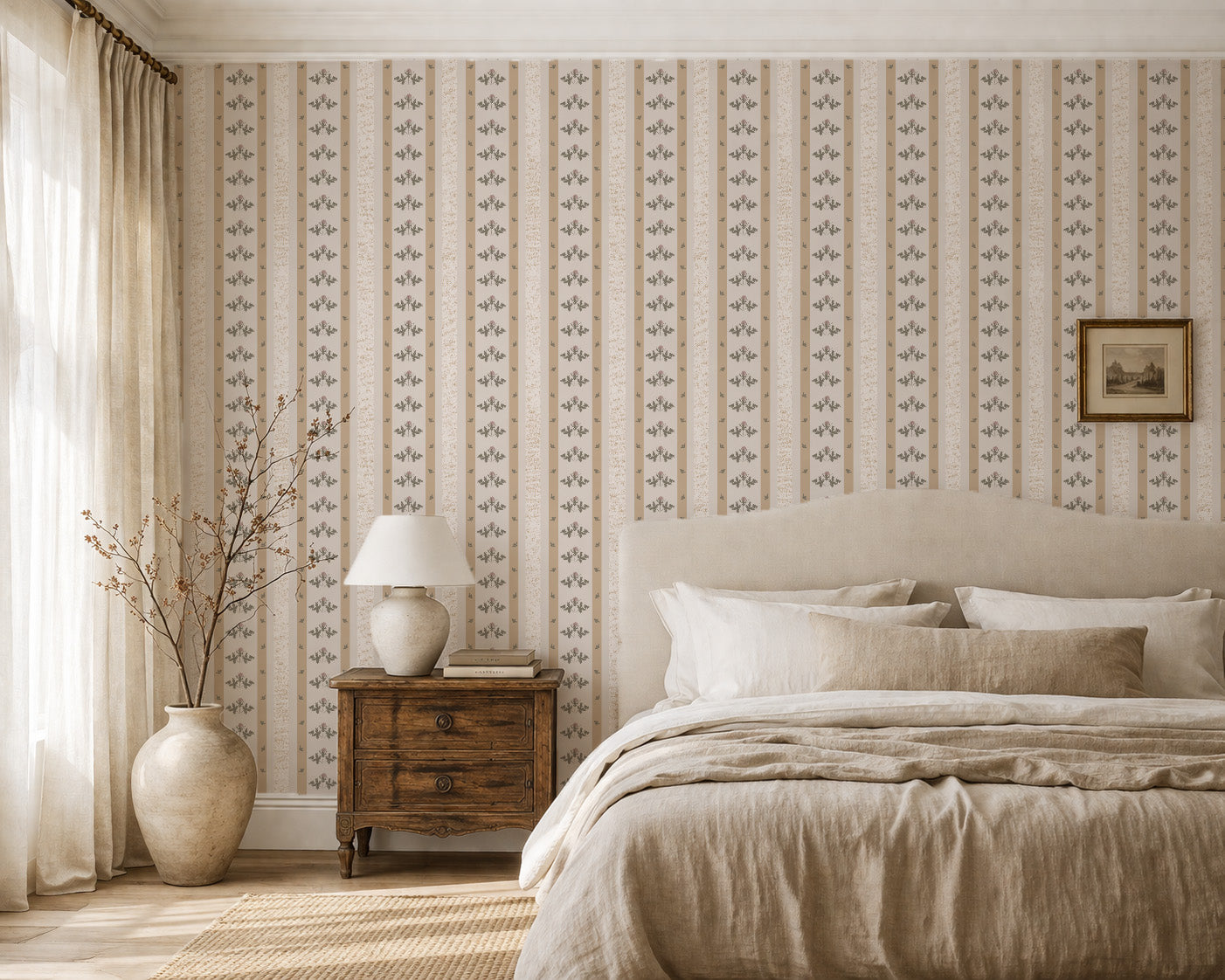 Cream and mustard floral stripe wallpaper in a cozy vintage bedroom with neutral decor.