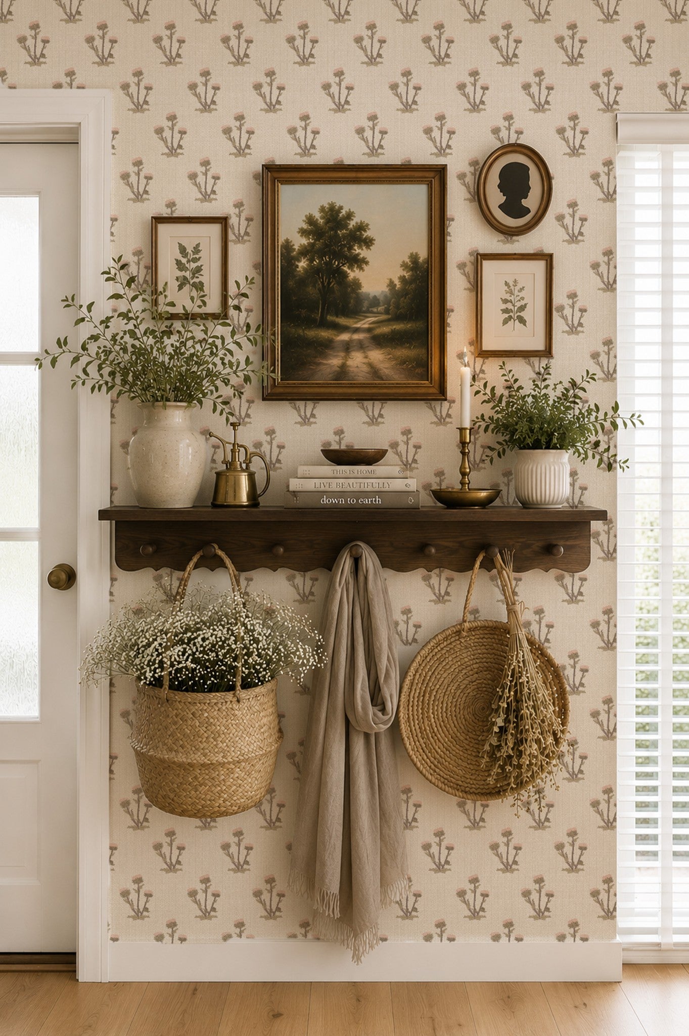Cream wallpaper with pink thistle pattern in rustic room with shelf and decor.