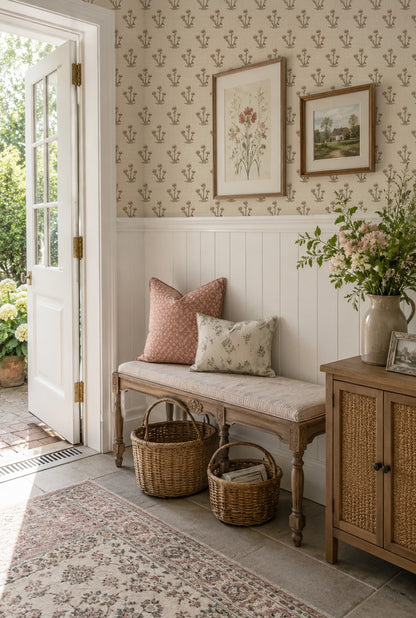 Cream and pink thistle wallpaper in vintage-style hallway with bench and decor.