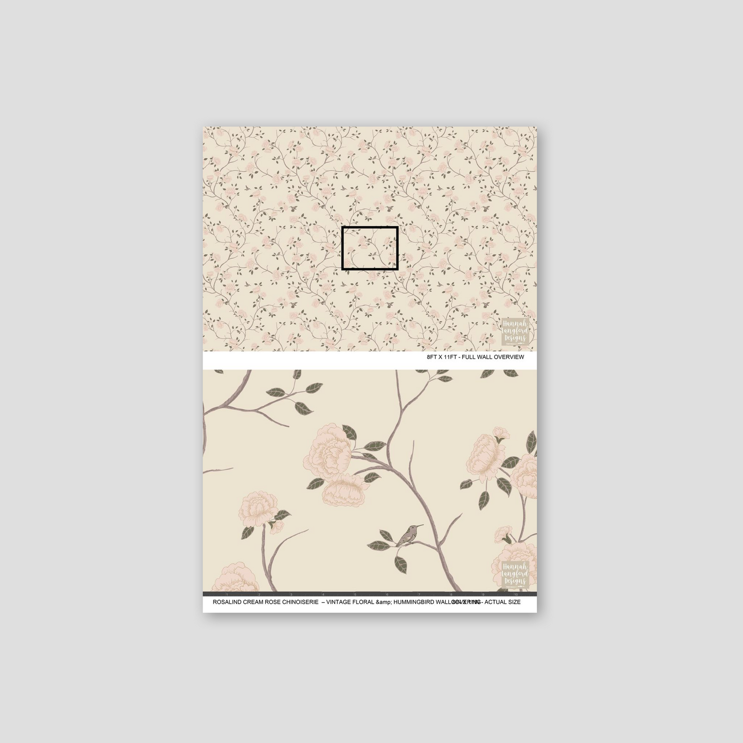 Cream rose chinoiserie wallpaper with blush peonies and hummingbirds.