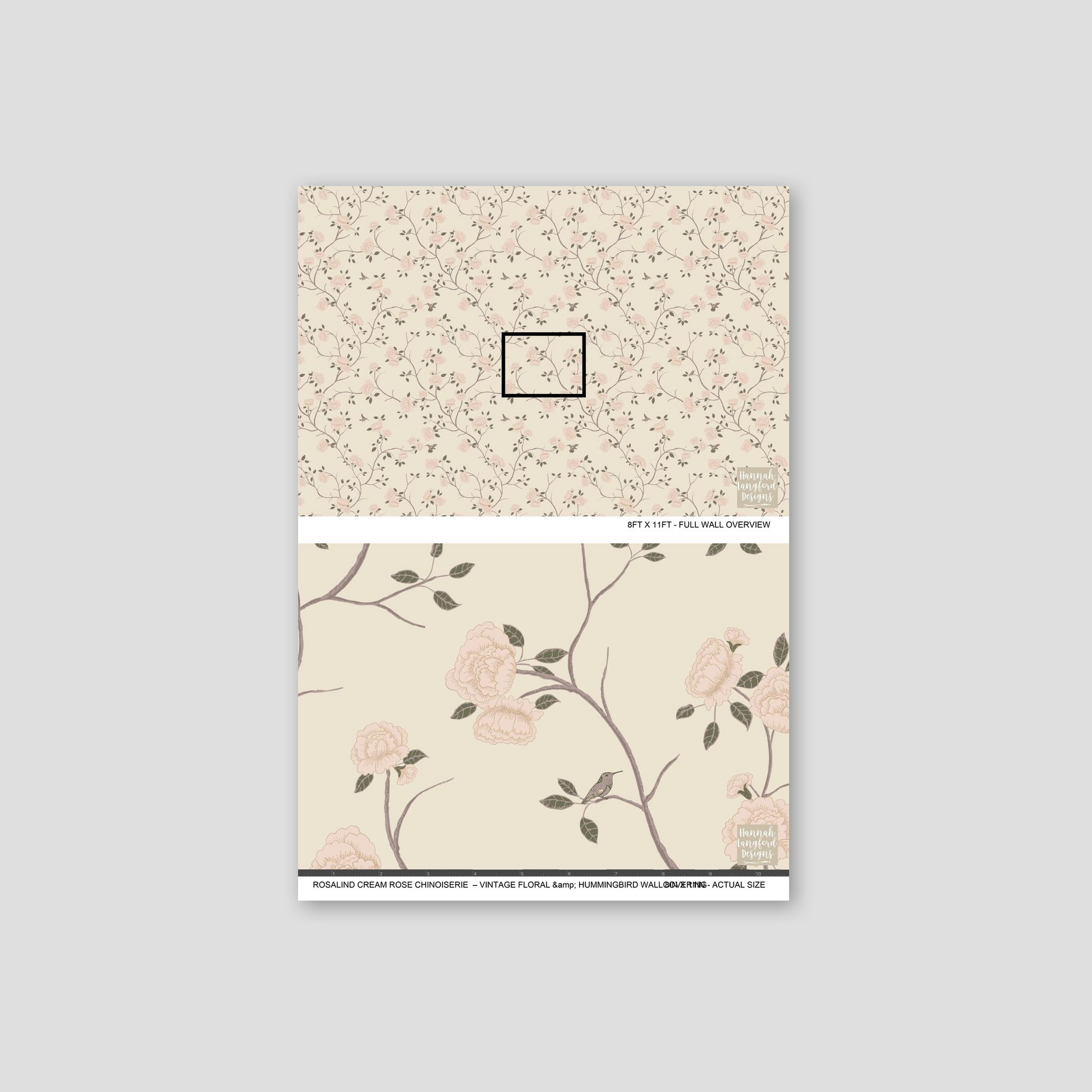 Cream rose chinoiserie wallpaper with blush peonies and hummingbirds.