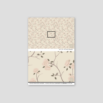 Cream rose chinoiserie wallpaper with blush peonies and hummingbirds.