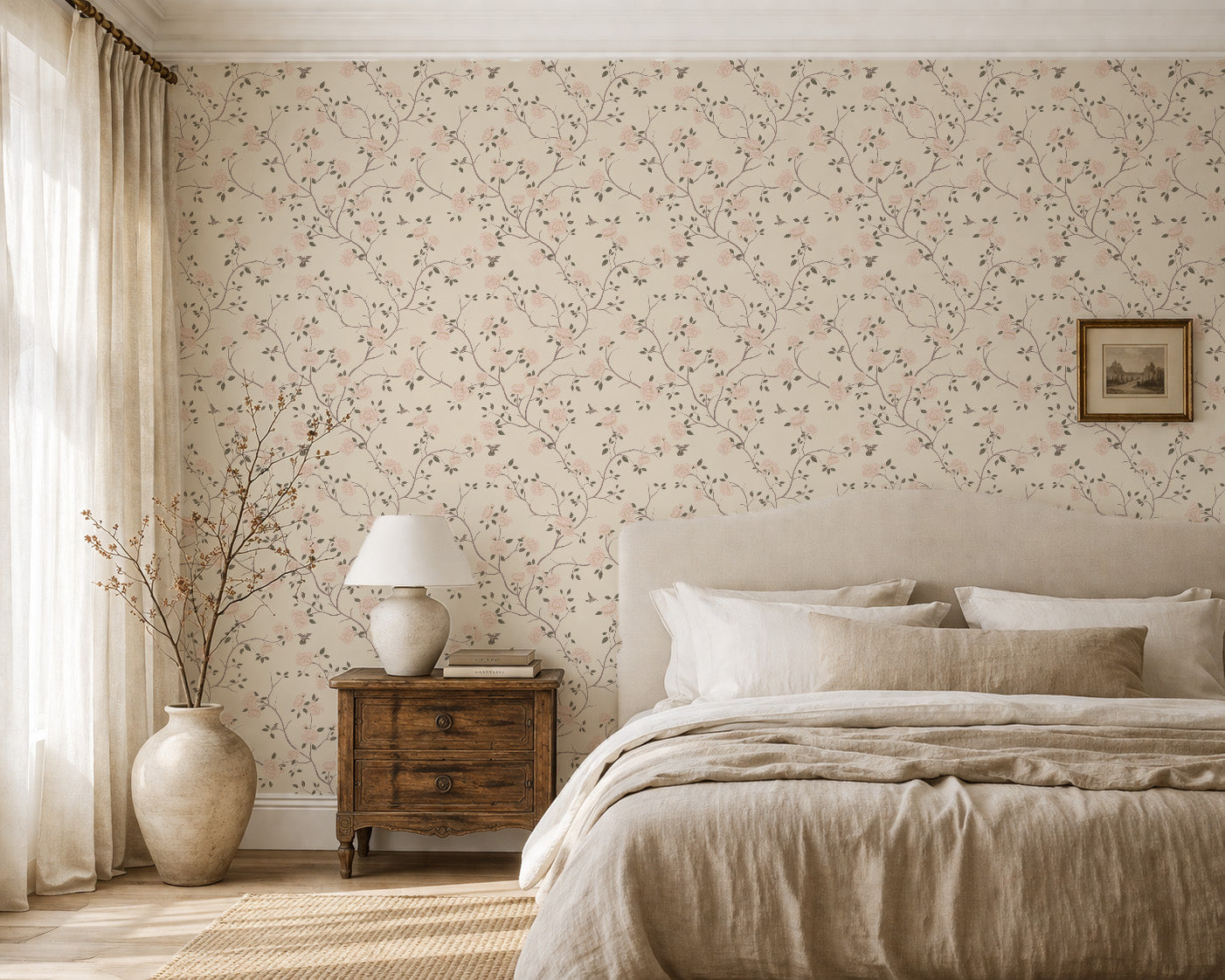 Cream rose chinoiserie wallpaper with floral and hummingbird pattern in elegant bedroom setting.