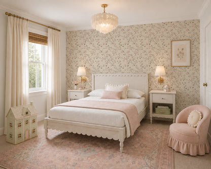 Cream floral wallpaper with roses and hummingbirds in an elegant bedroom setting.