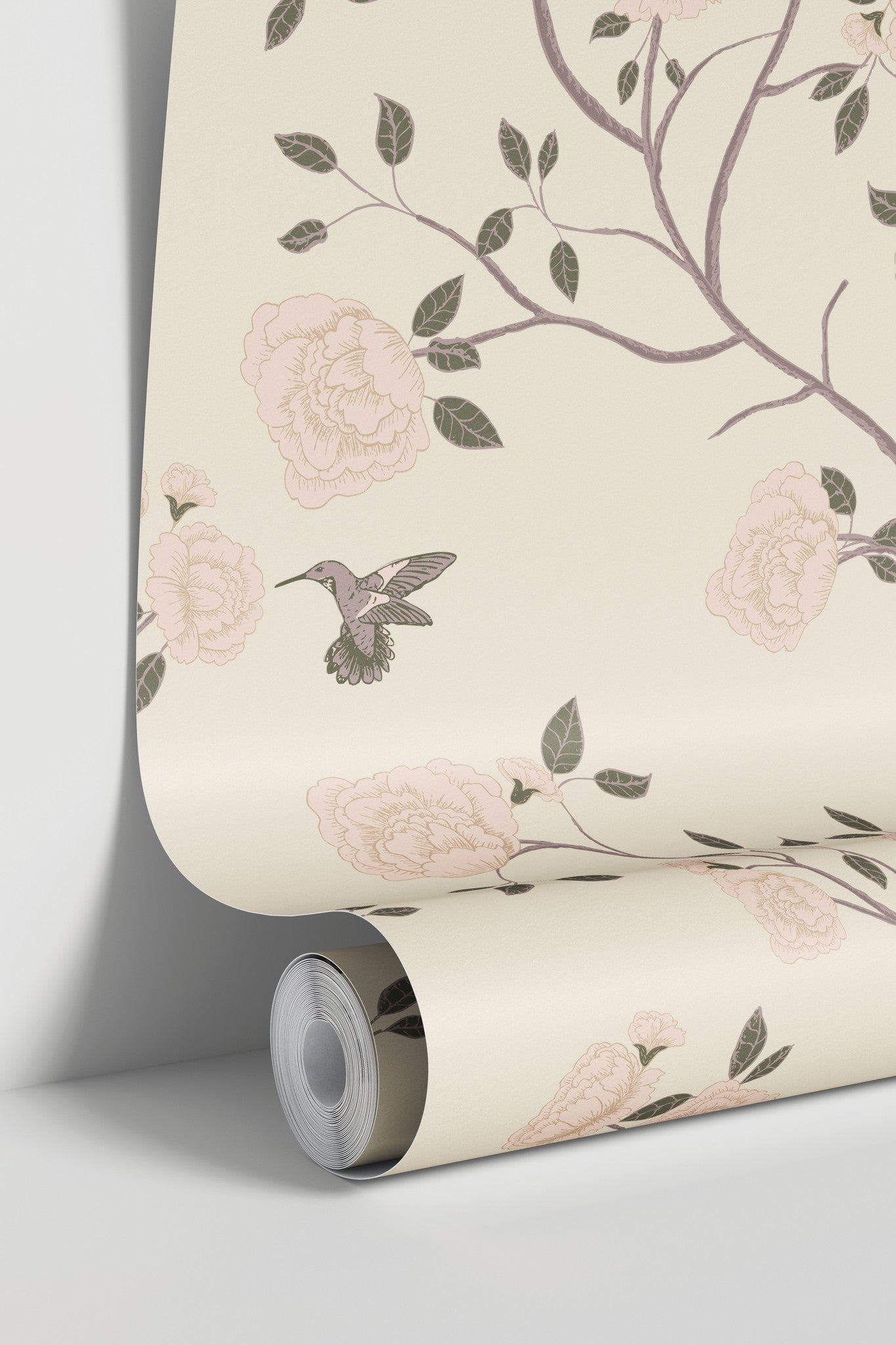 Cream wallpaper with blush roses, green leaves, branches, and hummingbirds.
