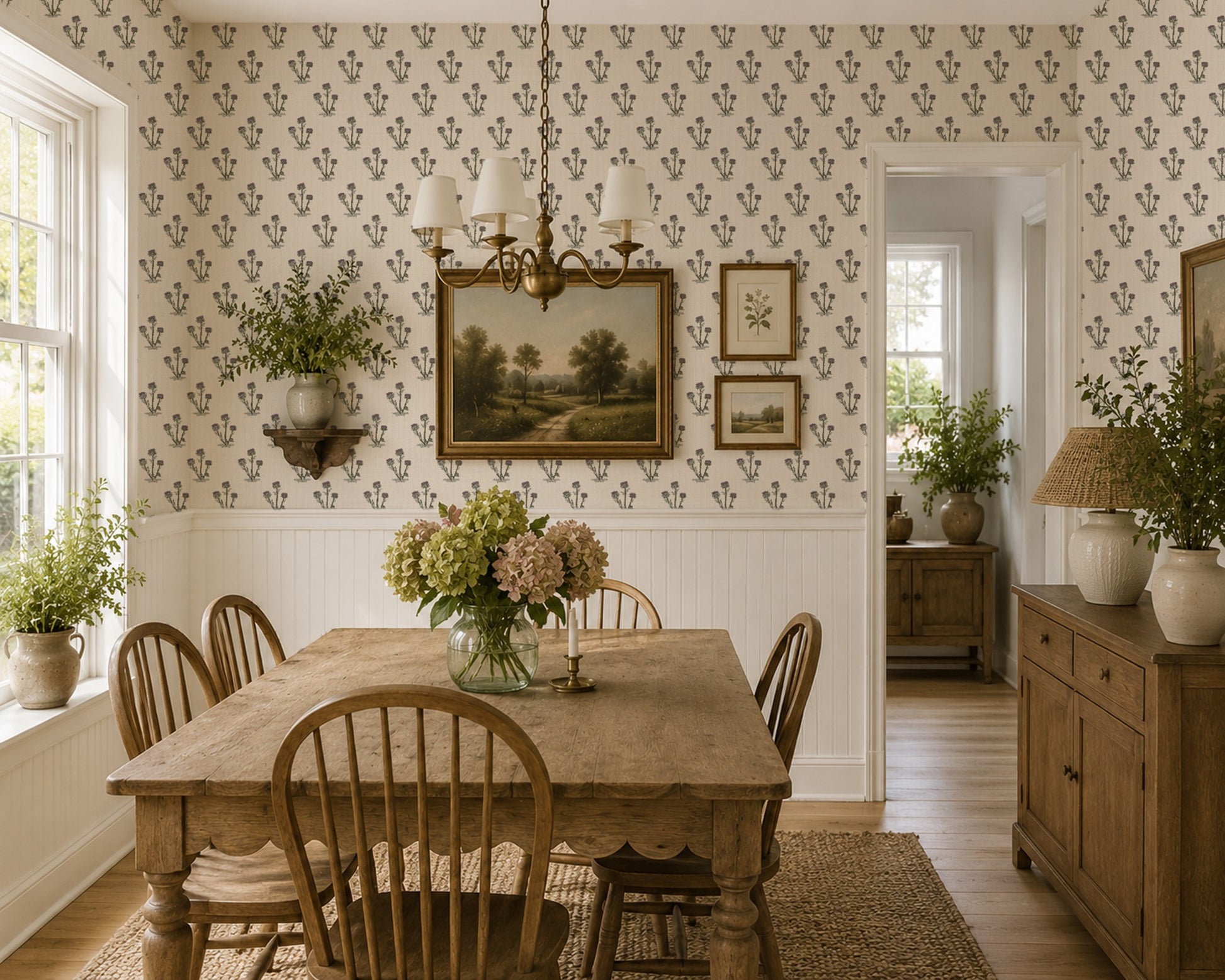 Cream wallpaper with thistle pattern in rustic dining room setting.