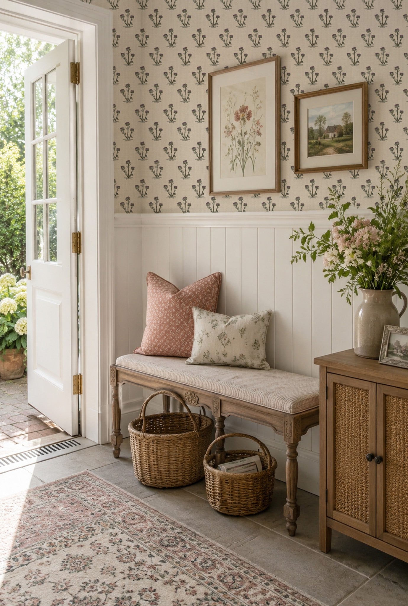 Cream wallpaper with purple and green thistle pattern in a rustic entryway with bench and baskets.
