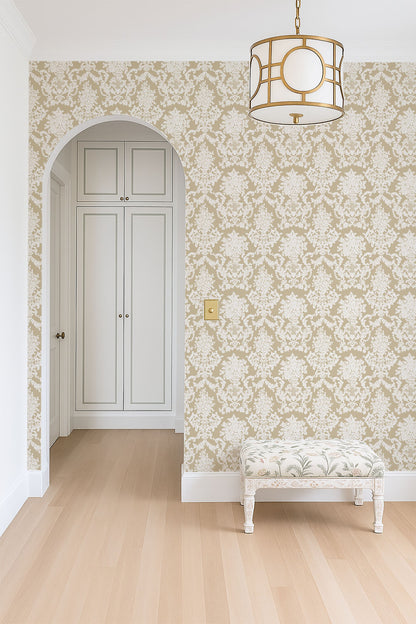 Elegant damask wallpaper in cream and white with ornate pattern in a classic hallway setting.