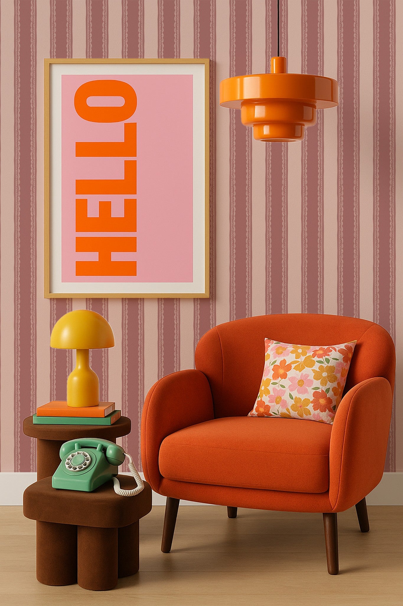 Dark pink striped wallpaper with lace detail in a vintage room with orange chair and decor.