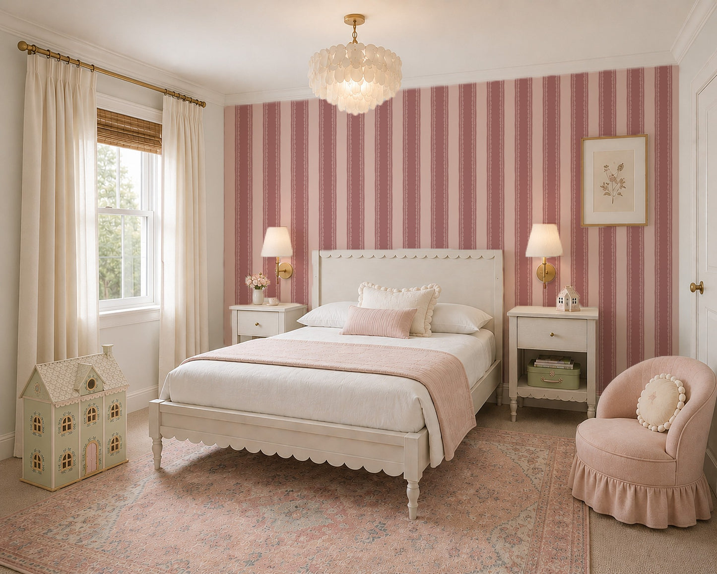 Dark pink striped wallpaper with lace detail in a vintage room with pink chair and decor.
