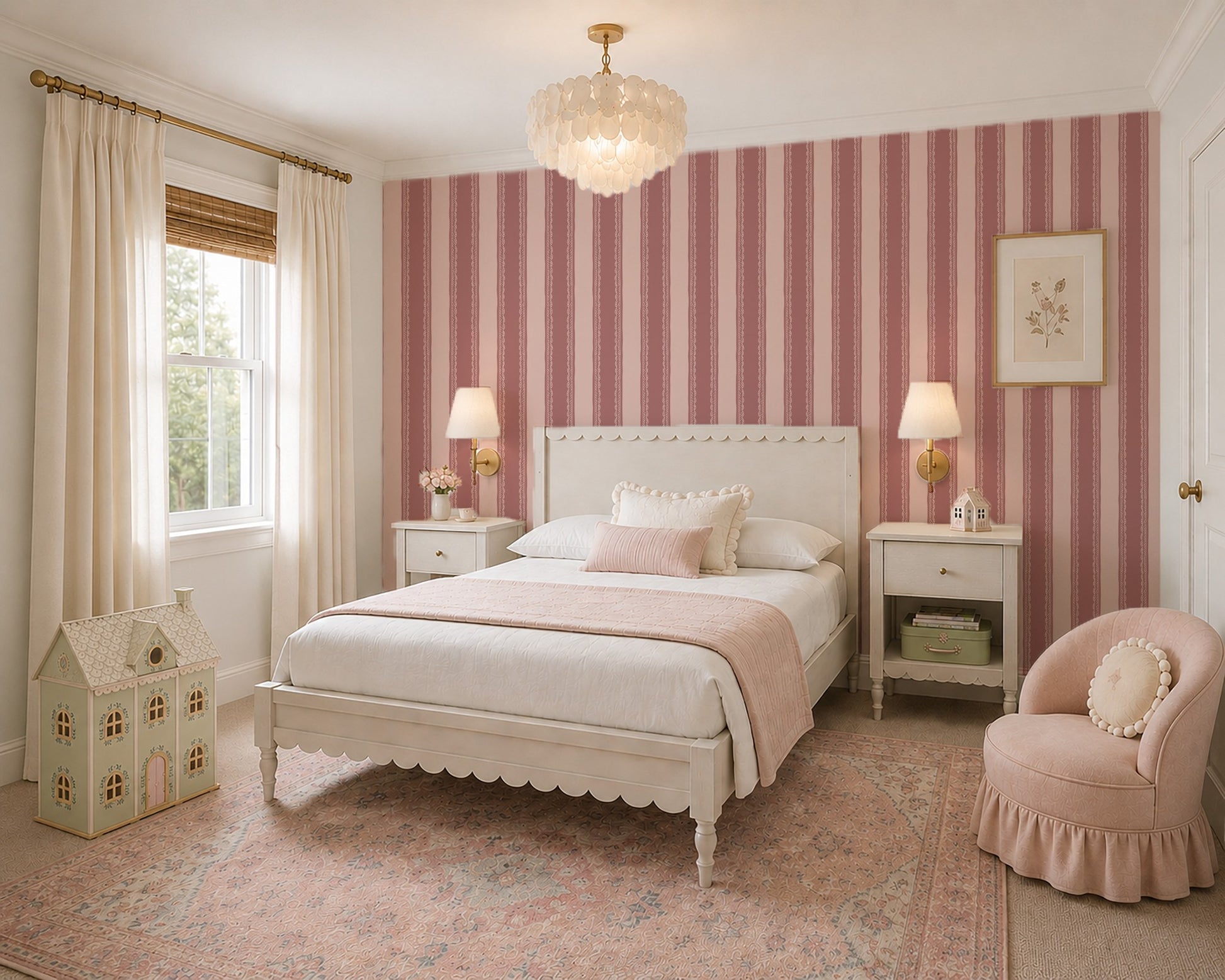 Dark pink striped wallpaper with lace detail in a vintage room with pink chair and decor.