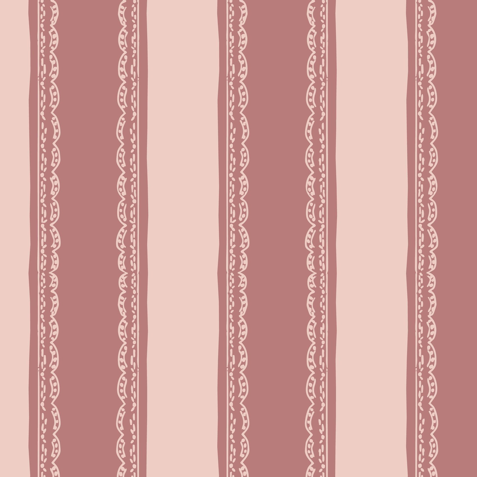 Dark pink striped wallpaper with lace detail.