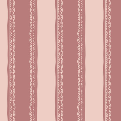Dark pink striped wallpaper with lace detail.