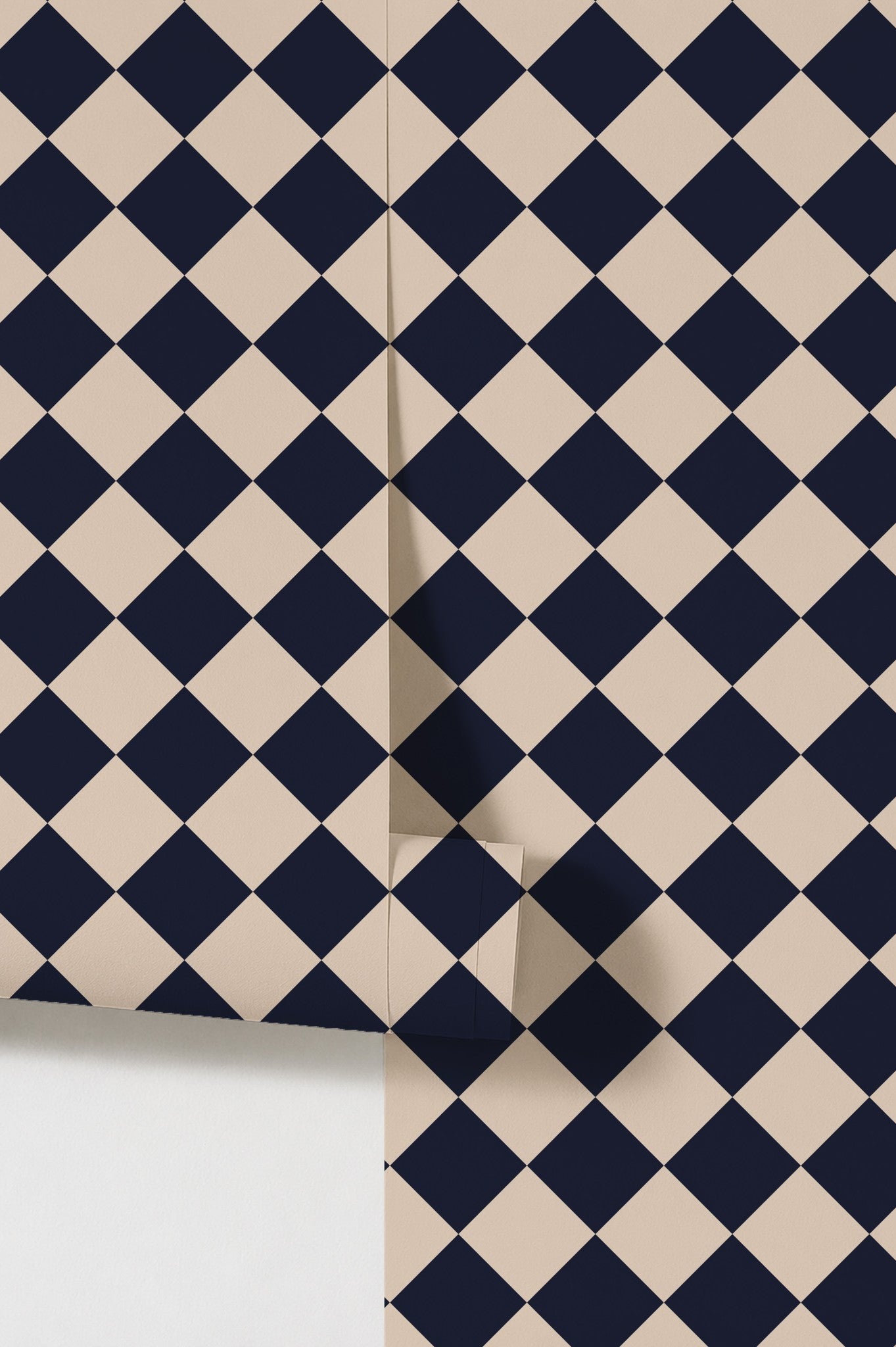 Diamond Blue wallpaper with navy and beige geometric pattern sample.
