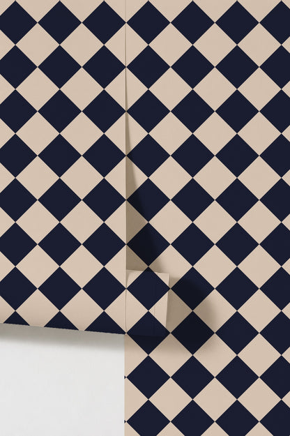 Diamond Blue wallpaper with navy and beige geometric pattern sample.
