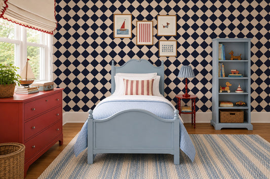 Diamond Blue wallpaper with navy and beige diamonds in a nautical-themed bedroom.