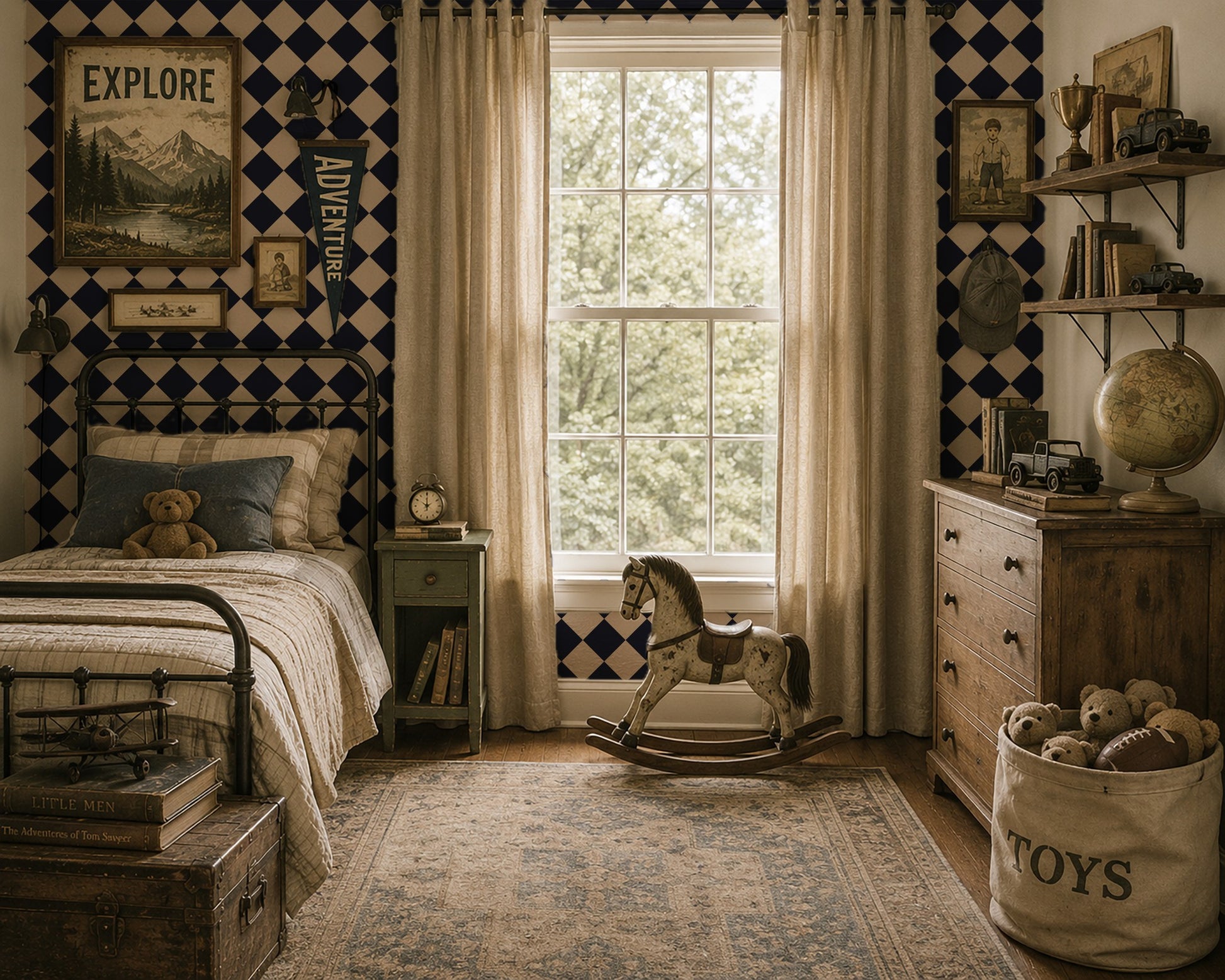 Diamond Blue wallpaper in a vintage-style bedroom with a rocking horse and wooden furniture.