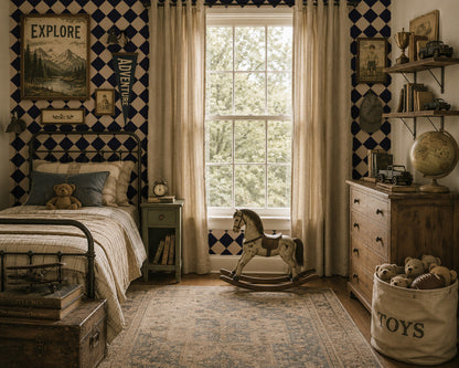 Diamond Blue wallpaper in a vintage-style bedroom with a rocking horse and wooden furniture.