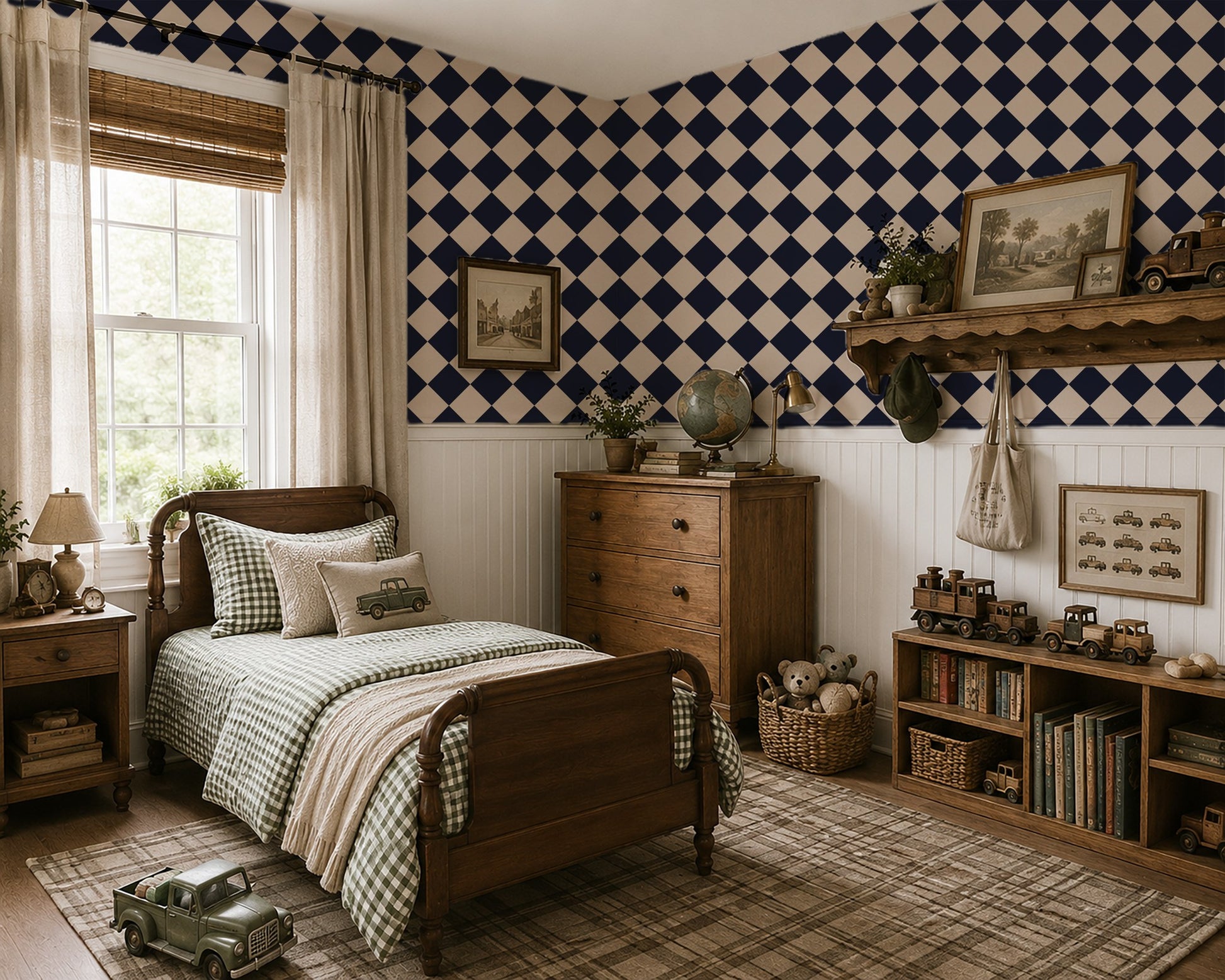 Diamond Blue wallpaper in a cozy vintage-style bedroom with wooden furniture.