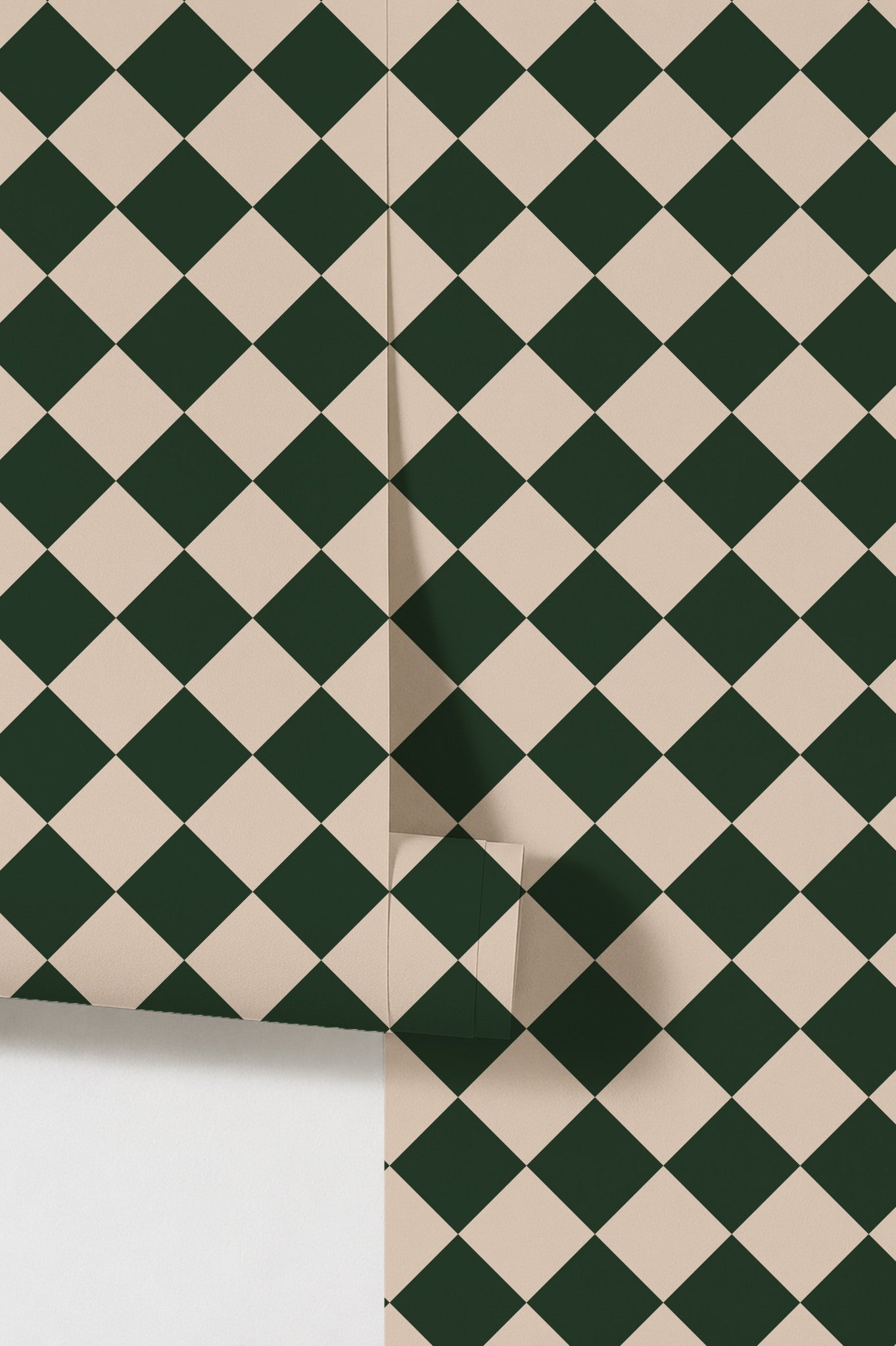 Diamond pattern wallpaper in forest green and cream with geometric design.