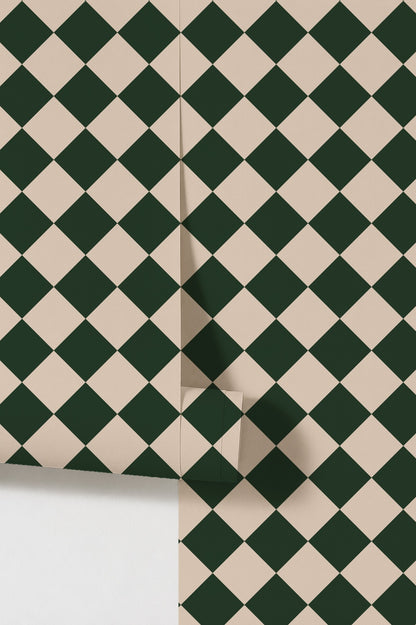 Diamond pattern wallpaper in forest green and cream with geometric design.