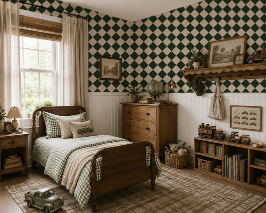 Diamond green wallpaper in vintage-style bedroom with wood furniture and decor.