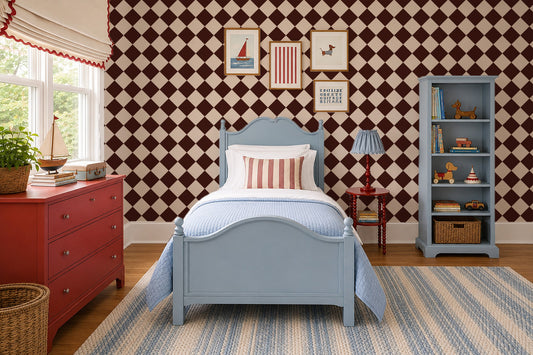 Diamond red wallpaper with chocolate brown and cream diamonds in a cozy bedroom setting.