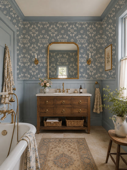 Vintage bathroom with dusty blue floral wallpaper, wooden vanity, and gold accents.