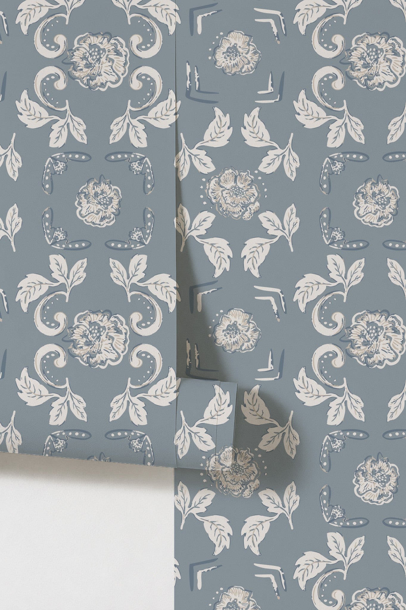 Dusty blue floral wallpaper with white and gold motifs, elegant vintage style.
