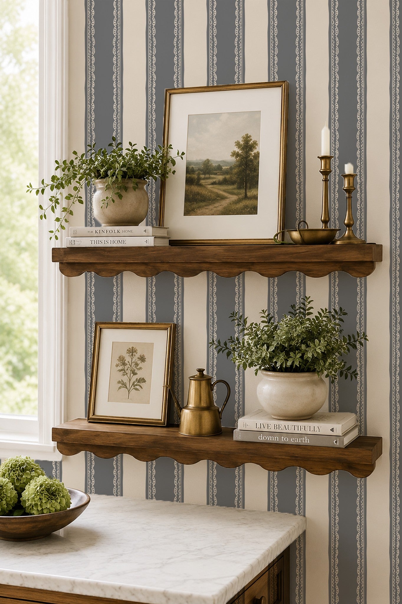 Dusty blue lace stripe wallpaper in elegant room with wooden shelves and decor.