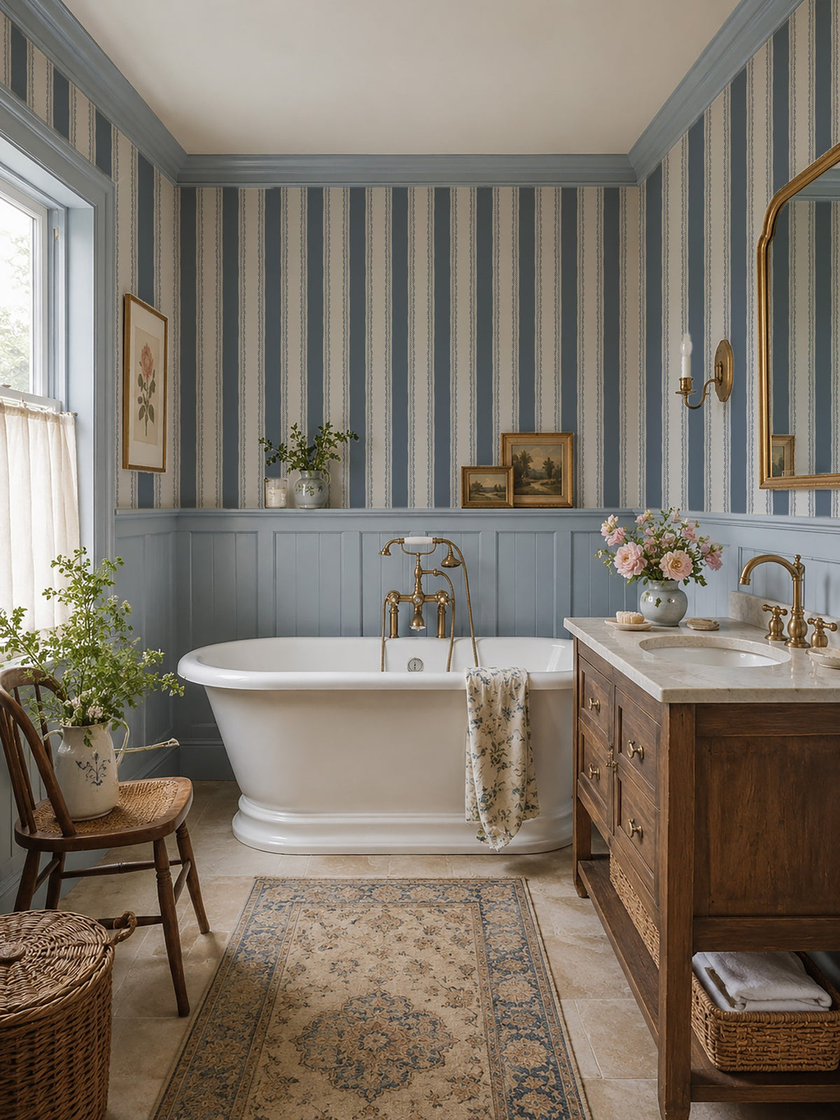 Bathroom with dusty blue lace stripe wallpaper, vintage decor, and clawfoot tub.
