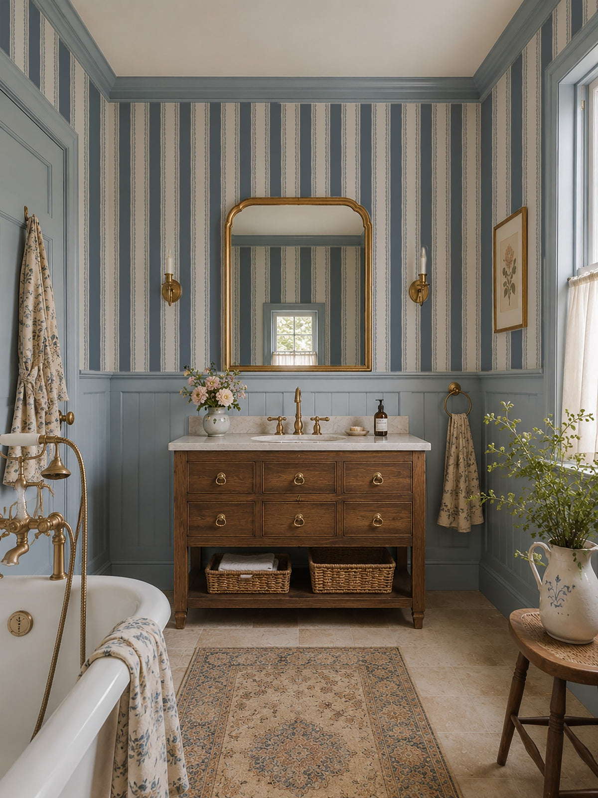 Dusty blue lace stripe wallpaper in elegant vintage bathroom with wooden vanity.