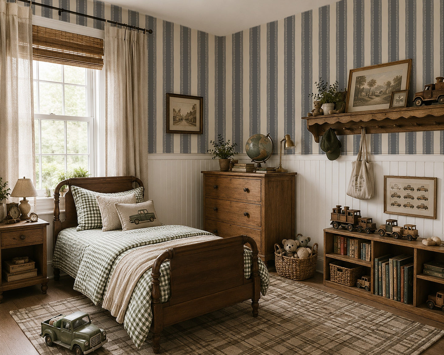 Dusty blue lace stripe wallpaper in vintage-style bedroom with wooden furniture.