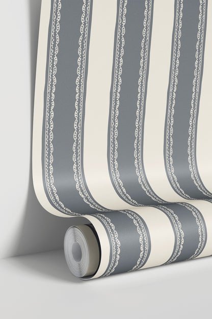 Dusty blue lace-striped wallpaper with ivory background in a roll.