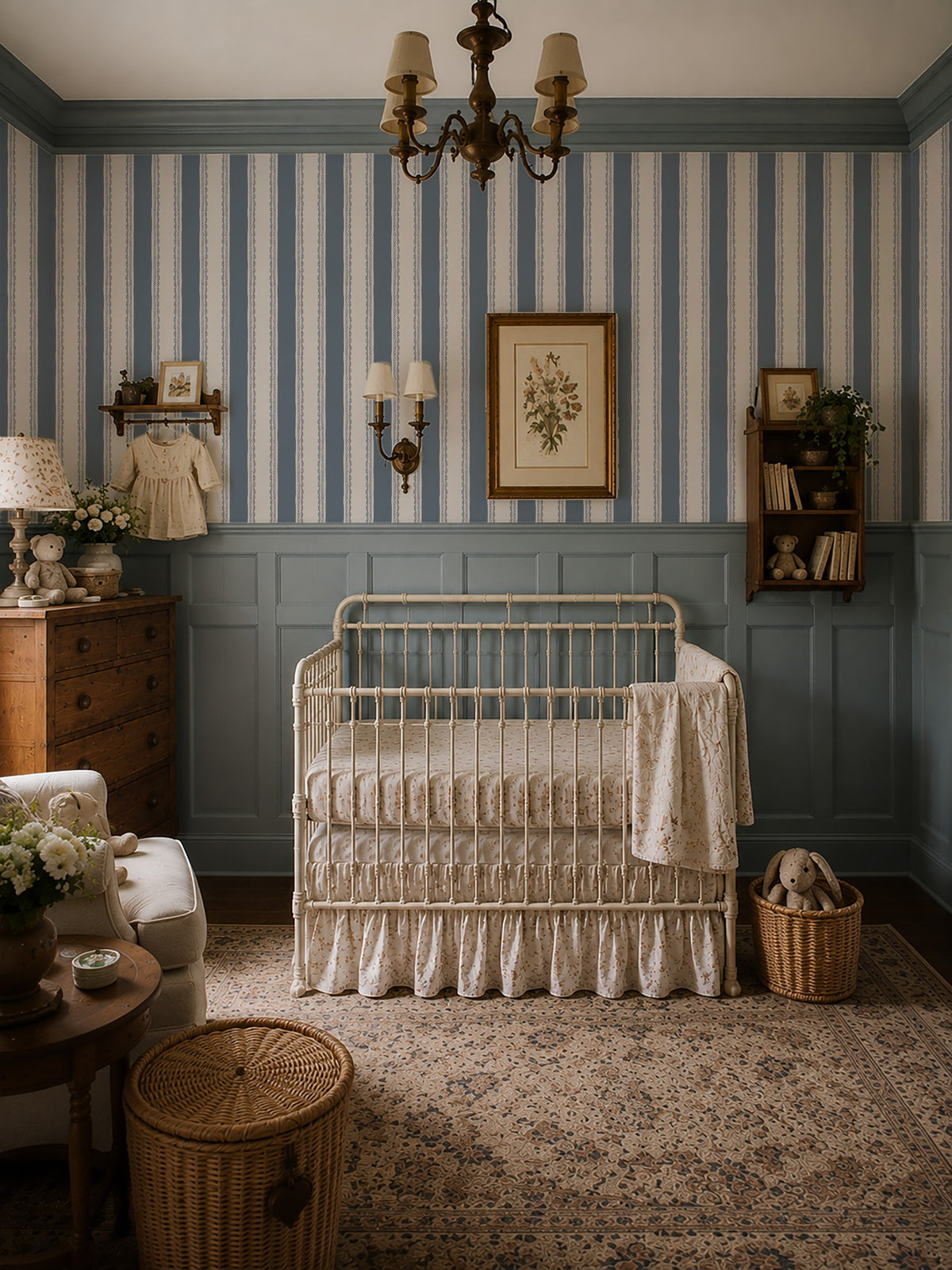 Dusty blue striped wallpaper with lace pattern in vintage nursery setting.