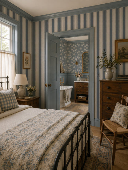 Dusty blue striped wallpaper with lace borders in elegant bedroom setting.
