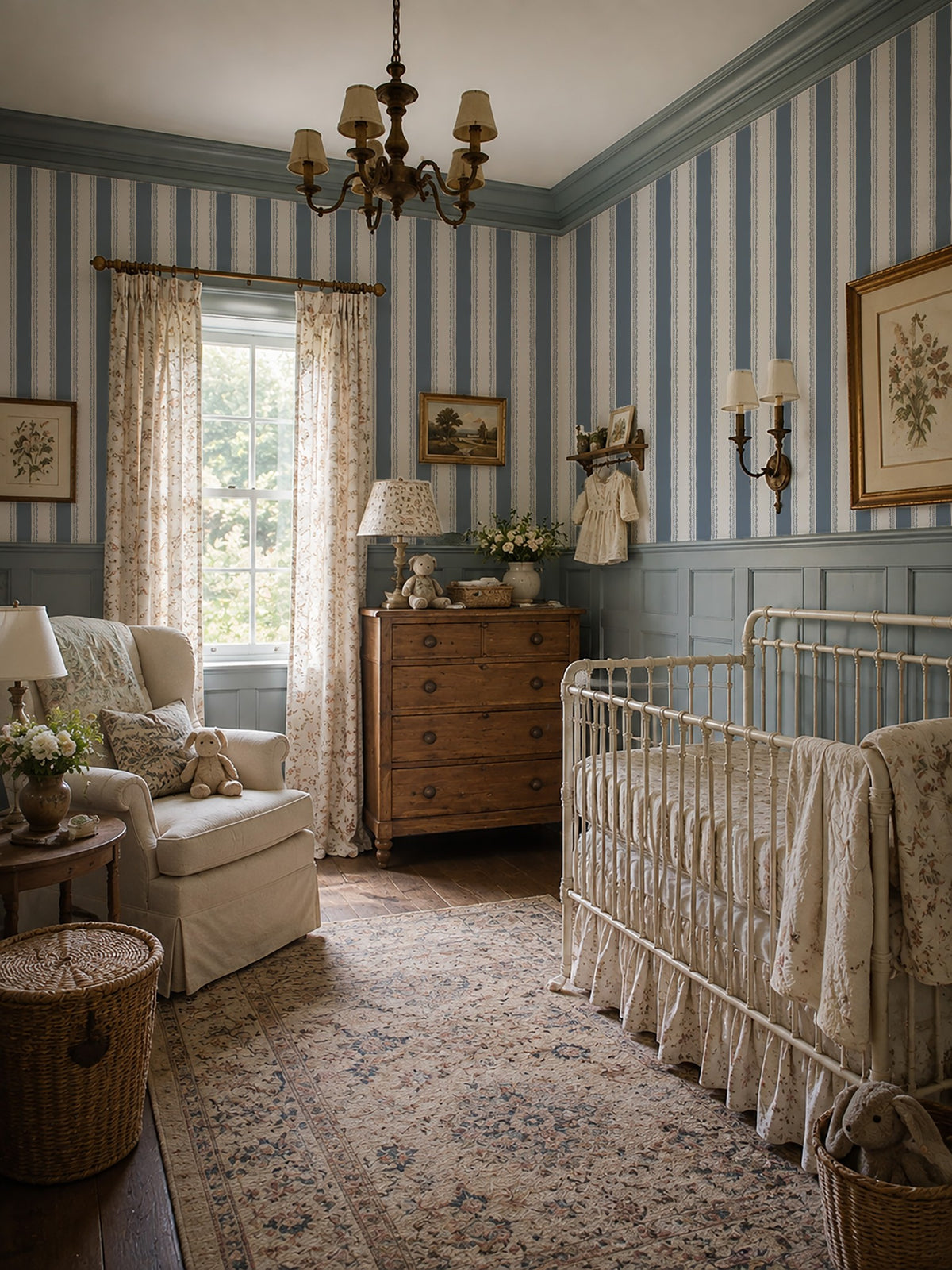 Dusty blue striped wallpaper with lace pattern in vintage nursery setting.