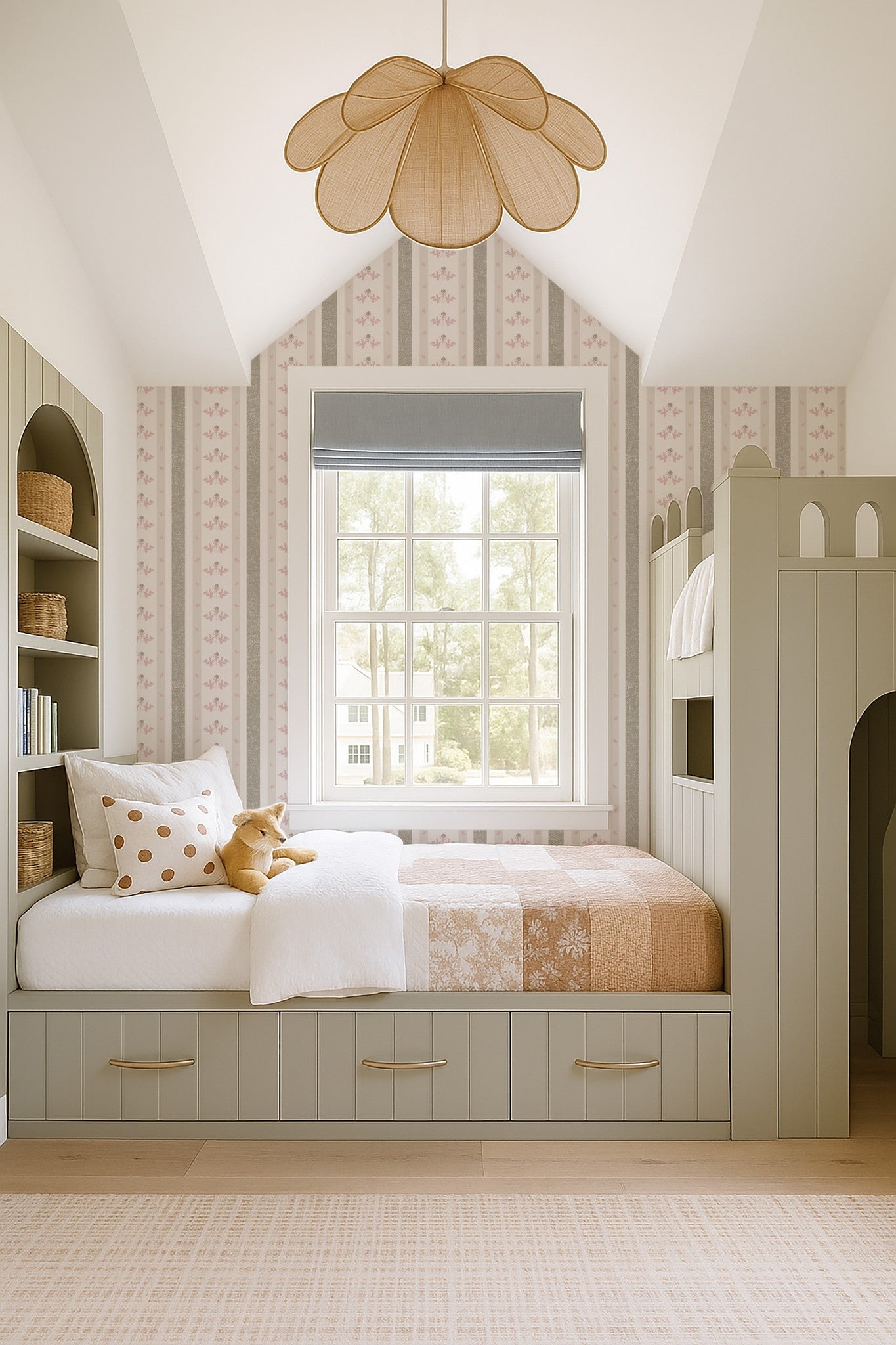 Dusty rose and sage striped floral wallpaper in cozy bedroom with built-in bed and window.